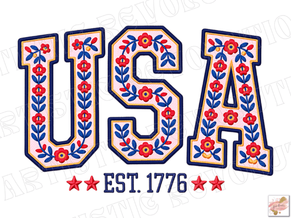 Floral Embroidery USA PNG Retro America